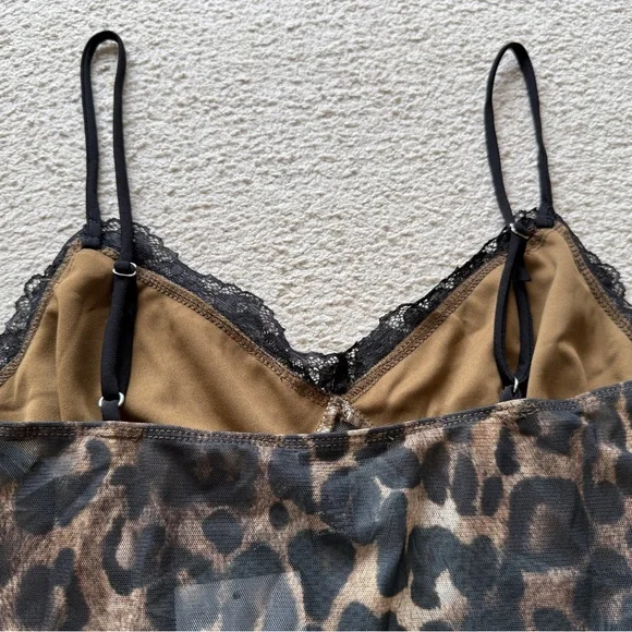 Forever 21 Leopard Animal Print Black Lace Trim V-Neck Cami Tank Top Camisole L - Picture 11 of 12